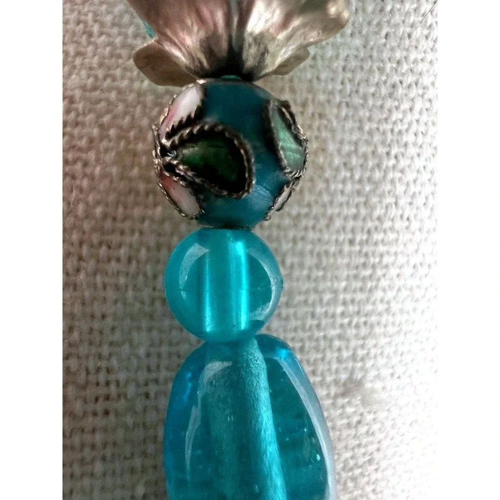 Turquoise Glass Bead Necklace Butterflies Lampwork Foil‎ Artisan 27